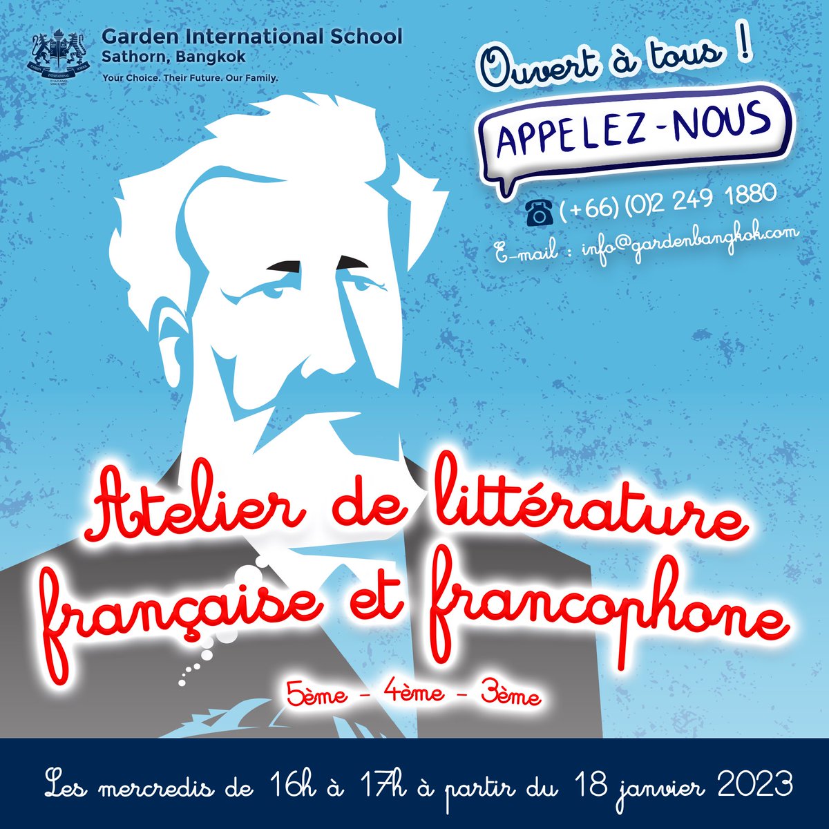 gisbangkok's tweet photo. #FrenchFirstLanguage Literature ECA (years 8, 9, 10) 
To deepen your knowledge of French literature and grammar
French First Language students from GIS or other schools from year 8 to year 10 Special Offer 6,000THB/9 sessions
... à bientôt chez nous !
#françaislanguematernelle https://t.co/QcvEGtP855