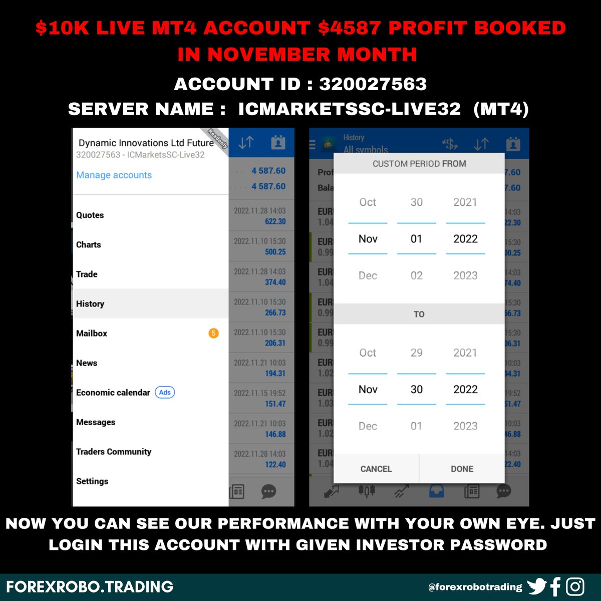ds608765's tweet photo. $10K LIVE MT4 ACCOUNT $4587 PROFIT BOOKED IN NOVEMBER MONTH 
Login Id: 320027563
Investor Password: ASK US
Server Name:  ICMarketsSC-Live32 
Account Type: MT4
Account start date: 29-06-2022

#Trending #Twitter #GBPJPY #GBPUSD #forexsignal #forexsignals #cryptosignals #FX初心者 https://t.co/ORVg1rpqhX