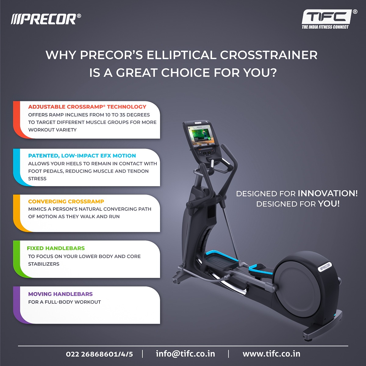 TIFC_India's tweet photo. The Experience™ Series 800 Line from Precor is the ideal elliptical which has our patented convergent CrossRamp® technology that mimics your natural stride.

For inquiries, contact us at 022 26868601/4/5 | info@tifc.co.in

#ellipticalcrosstrainer #gymequipment #fitnessequipment https://t.co/qn9mFgIyLu
