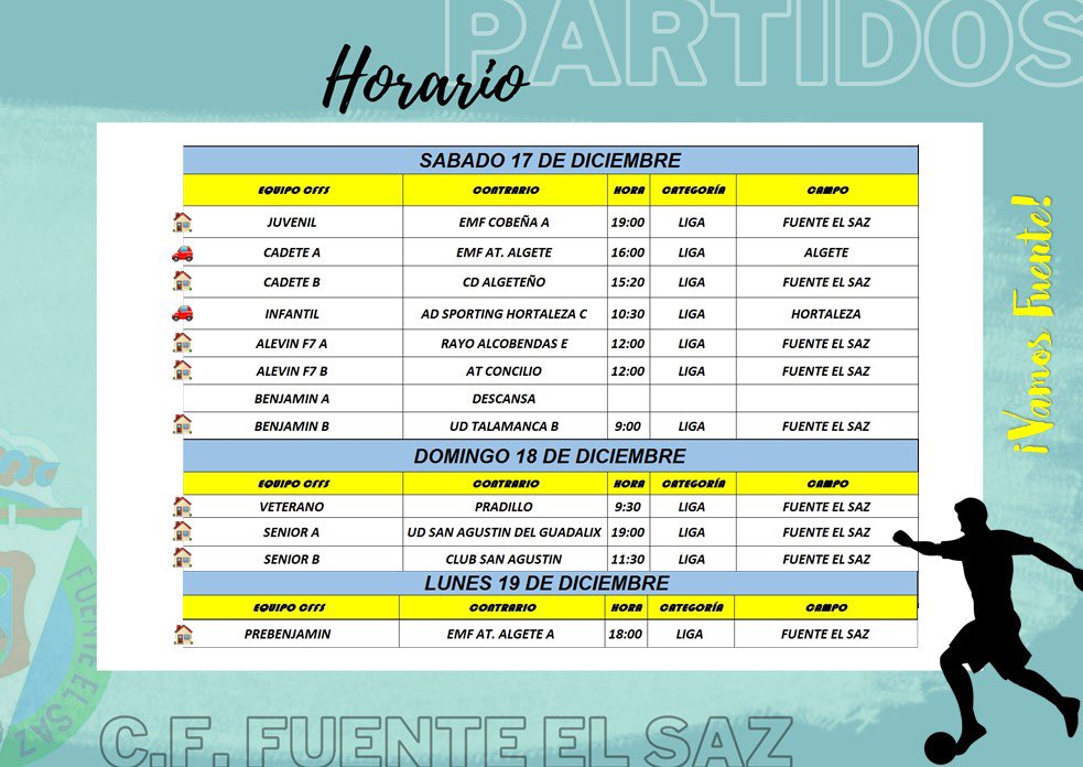 C.F. Fuente El Saz (@cffsaz) on Twitter photo ⏰Horario de los próximos partidos de este finde.
Tenemos muchos partidos en casa, ¿𝐓𝐞 𝐥𝐨𝐬 𝐯𝐚𝐬 𝐚 𝐩𝐞𝐫𝐝𝐞𝐫?
¡Vamos Fuente!💪🏼 ⏰Horario de los próximos partidos de este finde.
Tenemos muchos partidos en casa, ¿𝐓𝐞 𝐥𝐨𝐬 𝐯𝐚𝐬 𝐚 𝐩𝐞𝐫𝐝𝐞𝐫?
¡Vamos Fuente!💪🏼