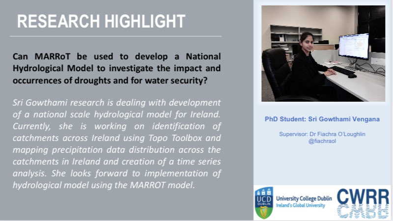 #MeetOurResearchers 
Sri Gowthami is developing a national hydrological model to analyse the impact of droughts and evaluate water security. Her PhD is supervised by @fiachraol in @UCDCivEng 💧🌍  
#modelling #hydrology #catchments #AcademicTwitter