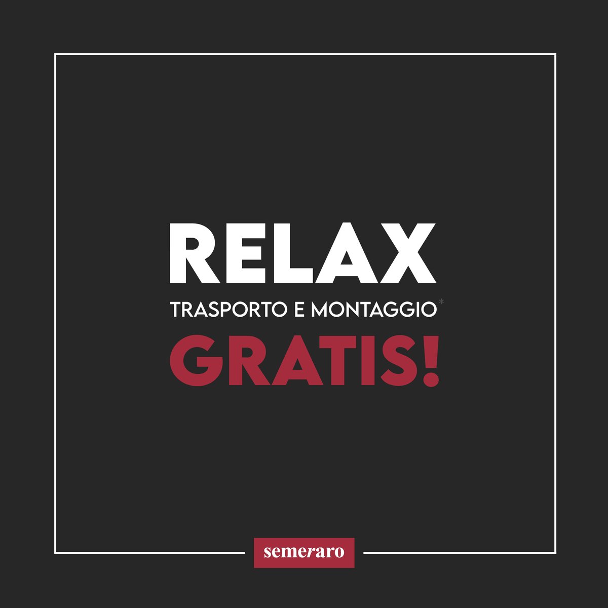 Semeraro14's tweet photo. Relax Trasporto e montaggio Gratis*!
Fino al 30/12
Nei negozi semeraro di Bergamo, Brescia e Ferrara.
#semeraro https://t.co/7kxPxqOYbF