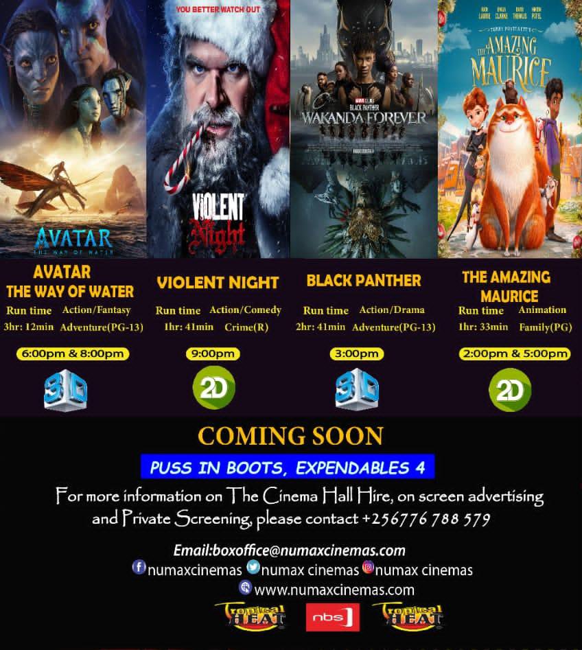 Here’s our new movie schedule. 
Featuring #AvatarTheWayOfWater #WakandaForeverID #ViolentNight #amazingmaurice