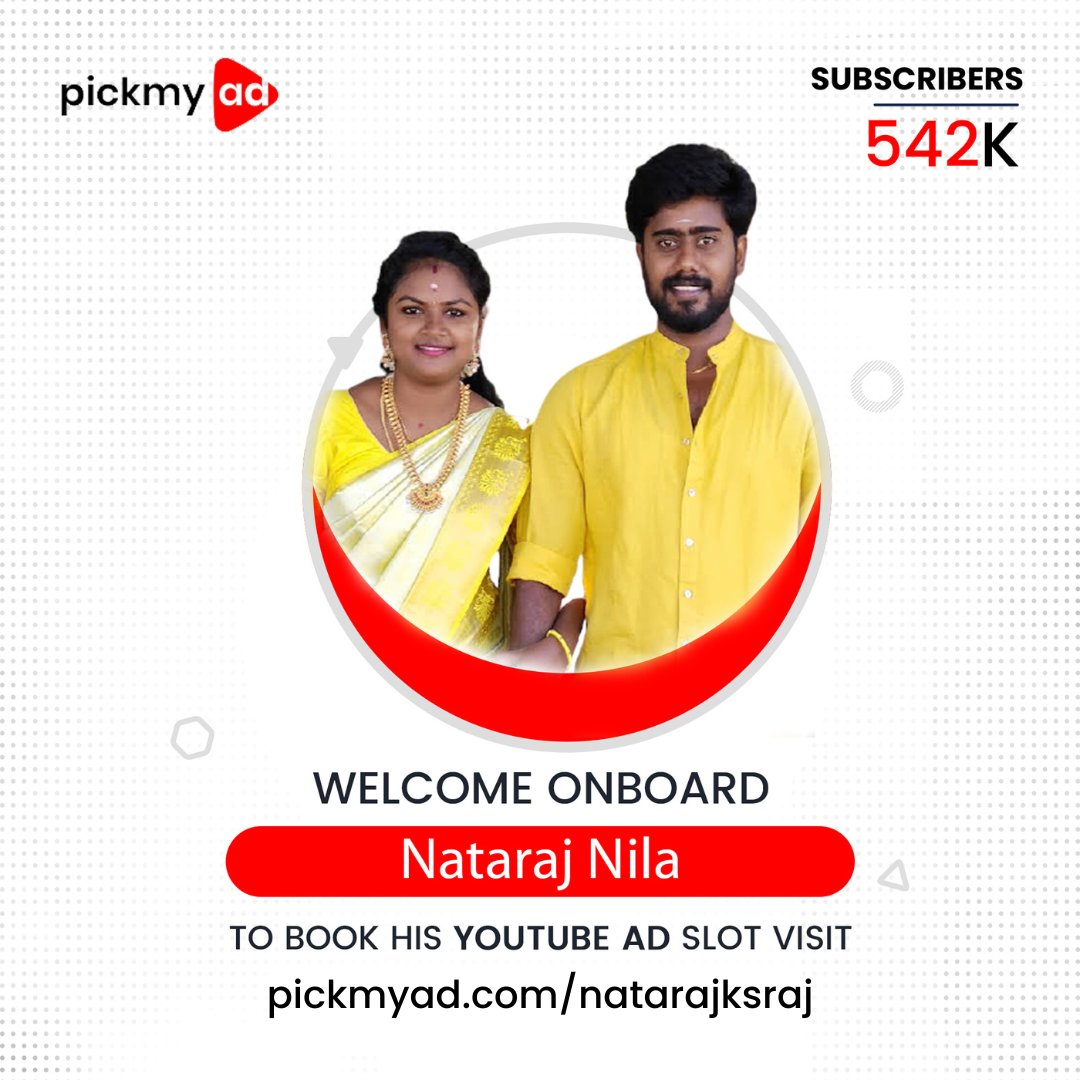 Delighted to welcome Nataraj Nila @nataraj_ks_raj & @nila_nataraj the lovely couple lifestyle Youtubers with more than 542k subscribers on YouTube.
When we say massive, we absolutely mean it!
Visit pickmyad.com/NatarajKsRaj to book their ad slots.
.
#natarajnila #nataraj #nila