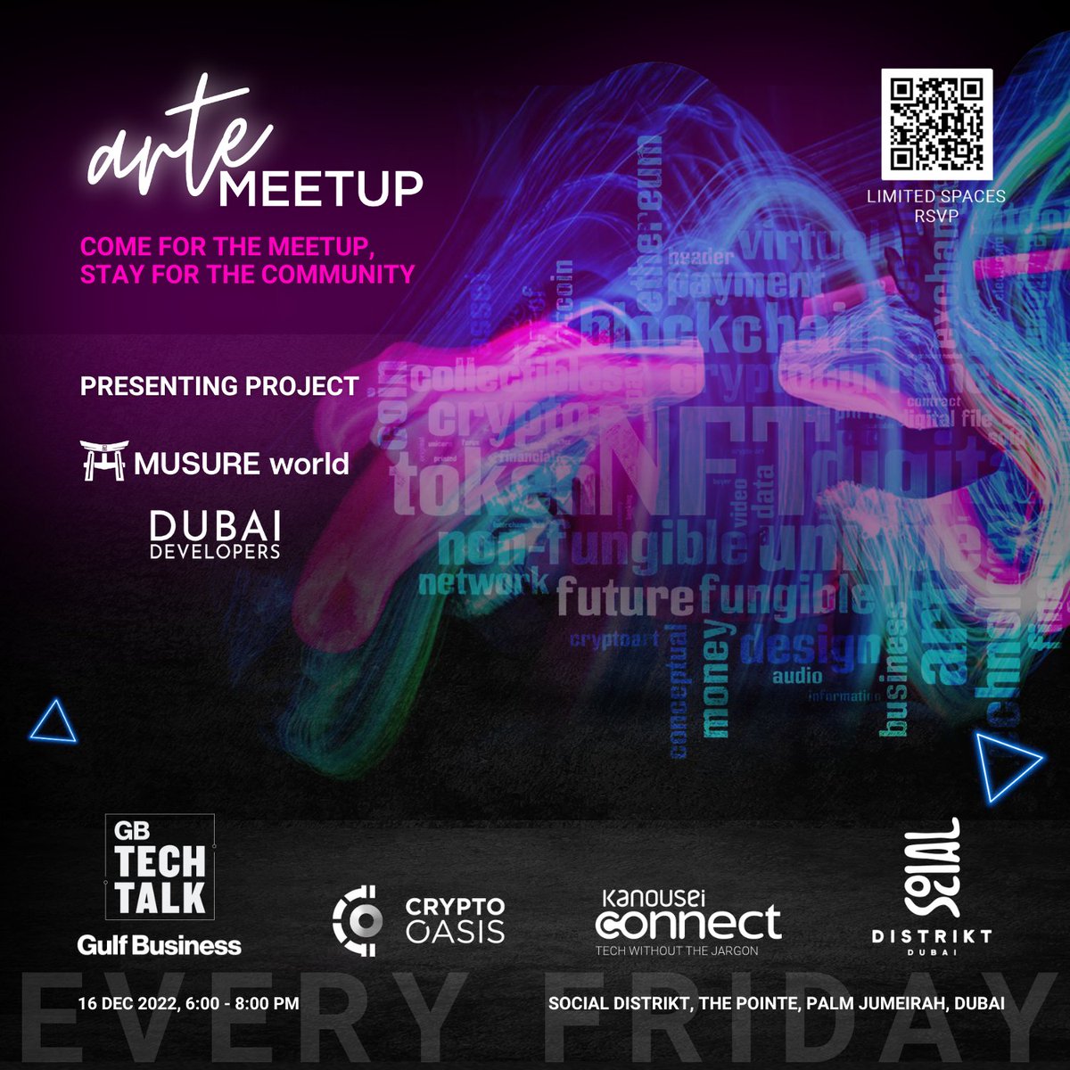 CryptoOasisUAE's tweet photo. Come join us at today's meetup as we explore #VR &amp; #AR within the context of the #metaverse.

Anyone can join the meetup for free, register at https://t.co/kDBZEdtlZx

🗓️ Every Friday, 6-8 PM
📍 @socialdistrikt_

@MUSUREworld 
#arteMeetup #CryptoOasis https://t.co/sibecHlb5q