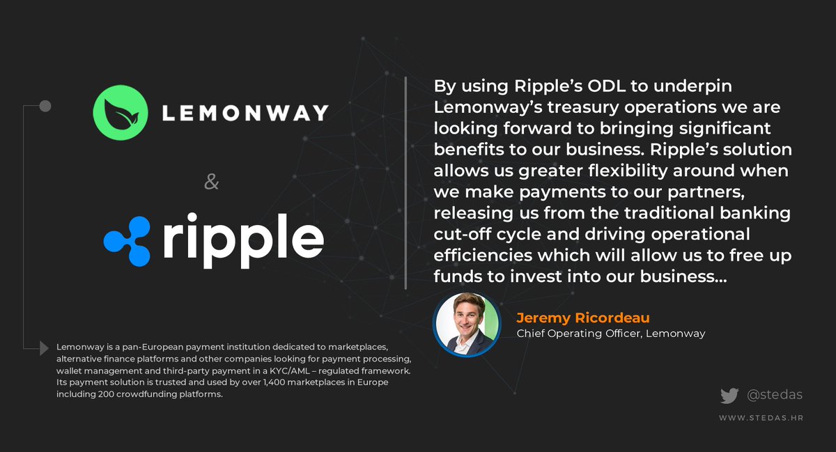 stedas's tweet photo. Ripple's first On-Demand Liquidity (ODL) customer in France 🇫🇷  @Lemonway use RippleNet’s ODL, which leverages XRP for crypto-enabled payments

$XRP #fintech https://t.co/VJCUYUeltH