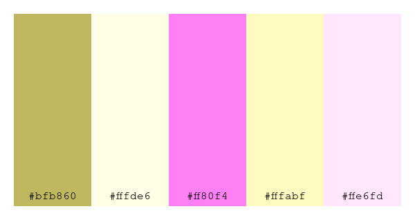 ColPaletteBot's tweet photo. Beep beep, here's a pretty color palette for you!
color-scheme.js parameters used:
- hue: 109
- variation: light
- colors: #bfb860, #fffde6, #ff80f4, #fffabf, #ffe6fd
Have a lovely day!
#twitterbot #colorpalette #colors #palette #prettycolors https://t.co/SMtrtF59GN