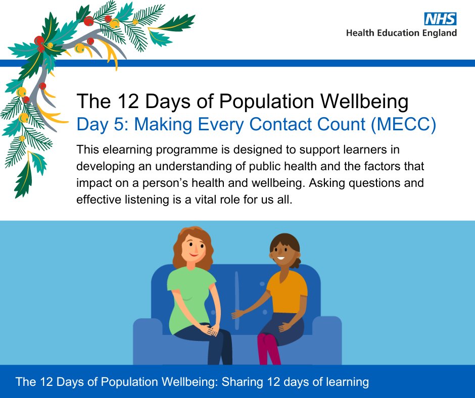 🎄 For Day 5 of our 12 Days of Population Wellbeing, we spotlight the Making Every Contact Count approach. 

#MECC is for everyone, it is not restricted to one person, profession or organisation.
 
Find out more 👉  orlo.uk/c0e5W
