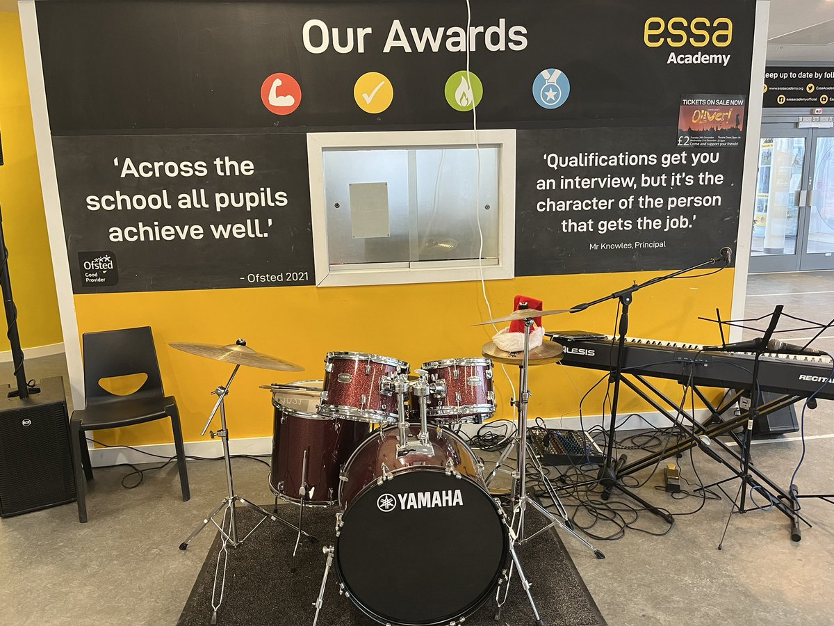 Out and about today at Essa Academy’s Christmas lunch! It will have live music and entertainment from students and teachers! Plus, this cool Yamaha Rydeen drum kit will feature which was kindly gifted to the school by The  Drum Room competition winner earlier in the year. 🙌