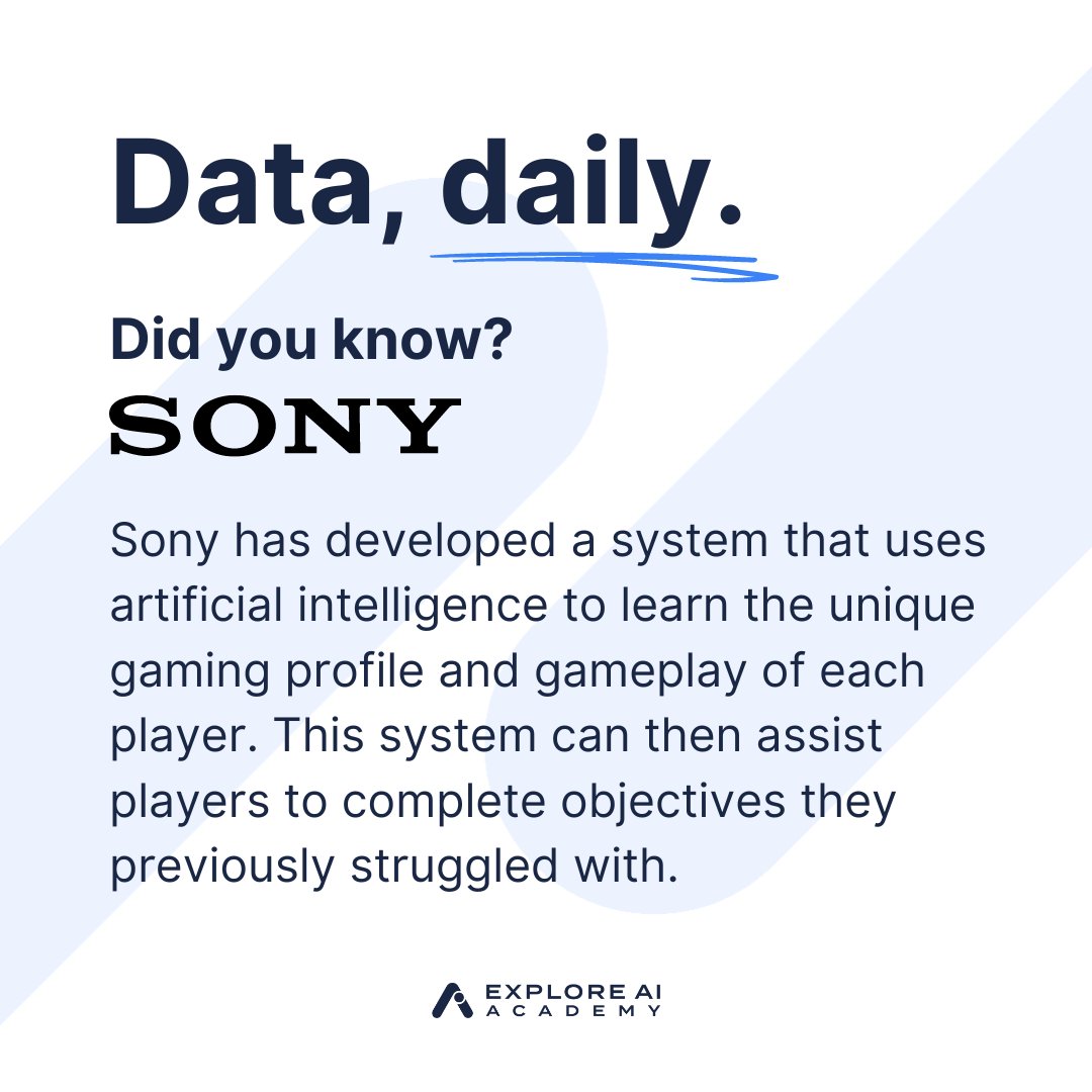 explore_ai_acad's tweet photo. Thanks to Sony’s AI system that analyses a player's unique style, gamers are able to play like never before 🎮
#ExploreAIAcademy
#DataScience
#DataDaily #Sony
#AI #Gaming https://t.co/kK0XXBmVBF