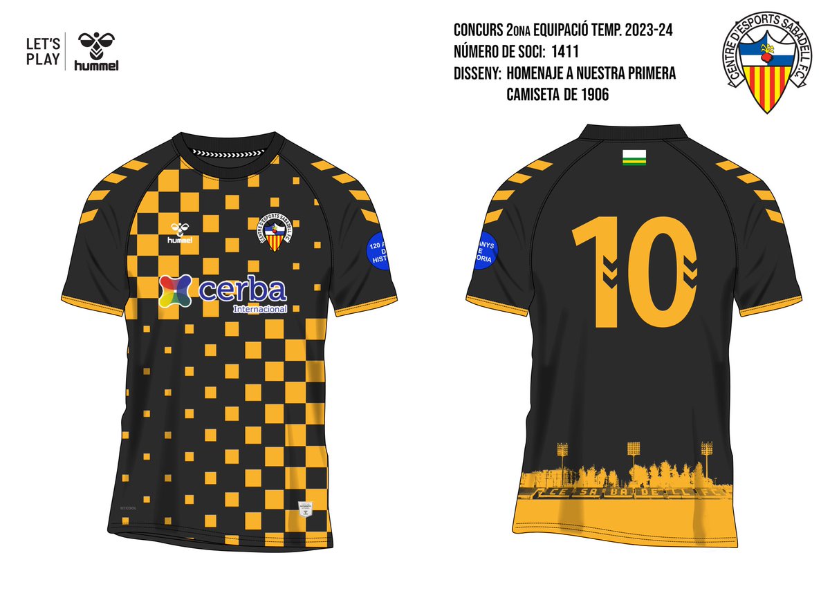 CESabadell's tweet photo. 👕 OPCIÓ 1 #LaMevaSegona 🫶🏻

🖤 Negre i daurada, homenatge a la samarreta del 1906 💛

🪪 Soci: 1411, Javier Maiquez

#SomDelSabadell https://t.co/SZ8a4rTG5a