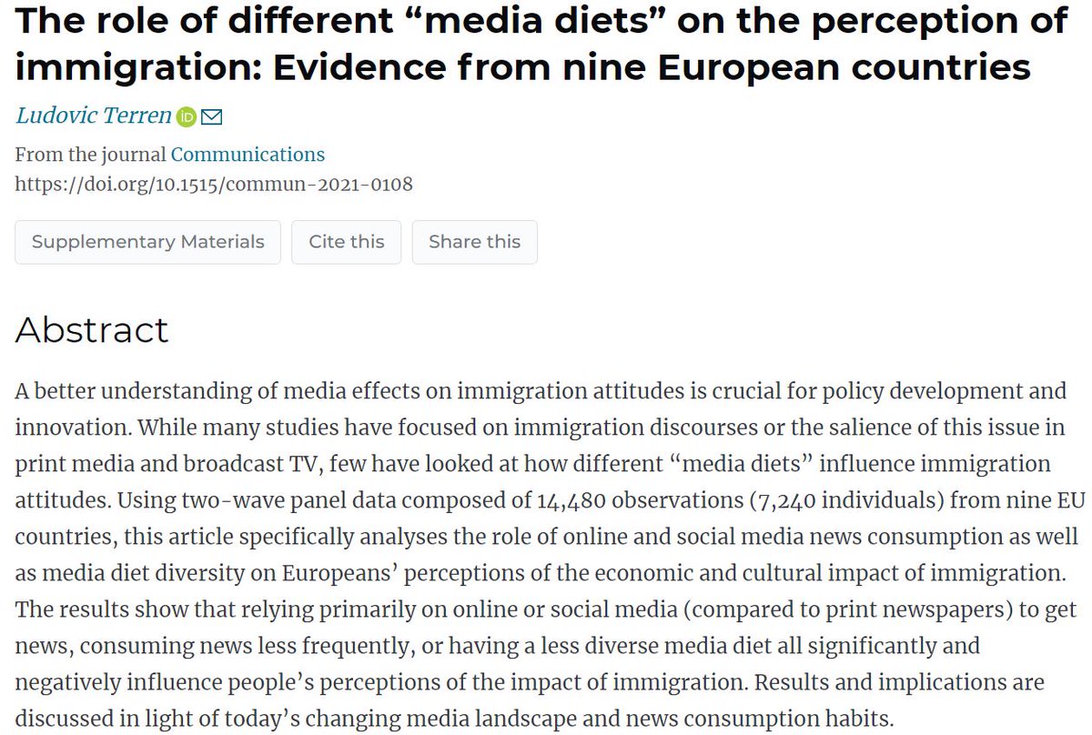 🚨 Latest publication out in <a href="/commejcr/">Communications</a>! 

➡️Using panel data from 9 EU countries, findings show that relying primarily on #socialmedia for news and having a less diverse media diet both negatively influence people's perception of #immigration.

➡️doi.org/10.1515/commun…