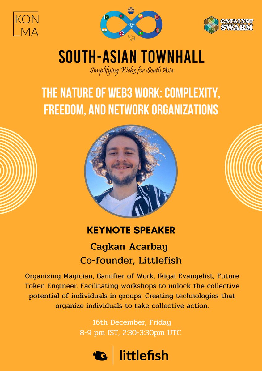 (1/2) South Asian TownHall is happening tonight, and we can't wait to host you all again!!
Do join us for the last Townhall of 2022 at 8pm IST (2:30 pm UTC) for a fun night of learning, virtual networking, and a special keynote !!
<a href="/LittleFishDAO/">littlefish Foundation</a> @AcarbayCagkan