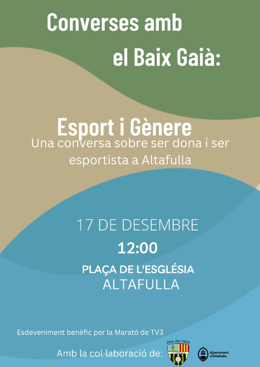 💛Avui per la <a href="/la_marato/">La Marató de 3Cat</a>, el <a href="/CEAltafulla/">CE Altafulla</a> serem presents a l'escola La Portalada dinamitzant una activitat, i demà a les <a href="/ConversesGaia/">Converses amb el Baix Gaià</a> sobre la dona esportista!!

🫂Solidaritat de tots colors, també en groc i negre!

🤗PARTICIPA!

🖤Amunt #Altafulla!

#maratódetv3