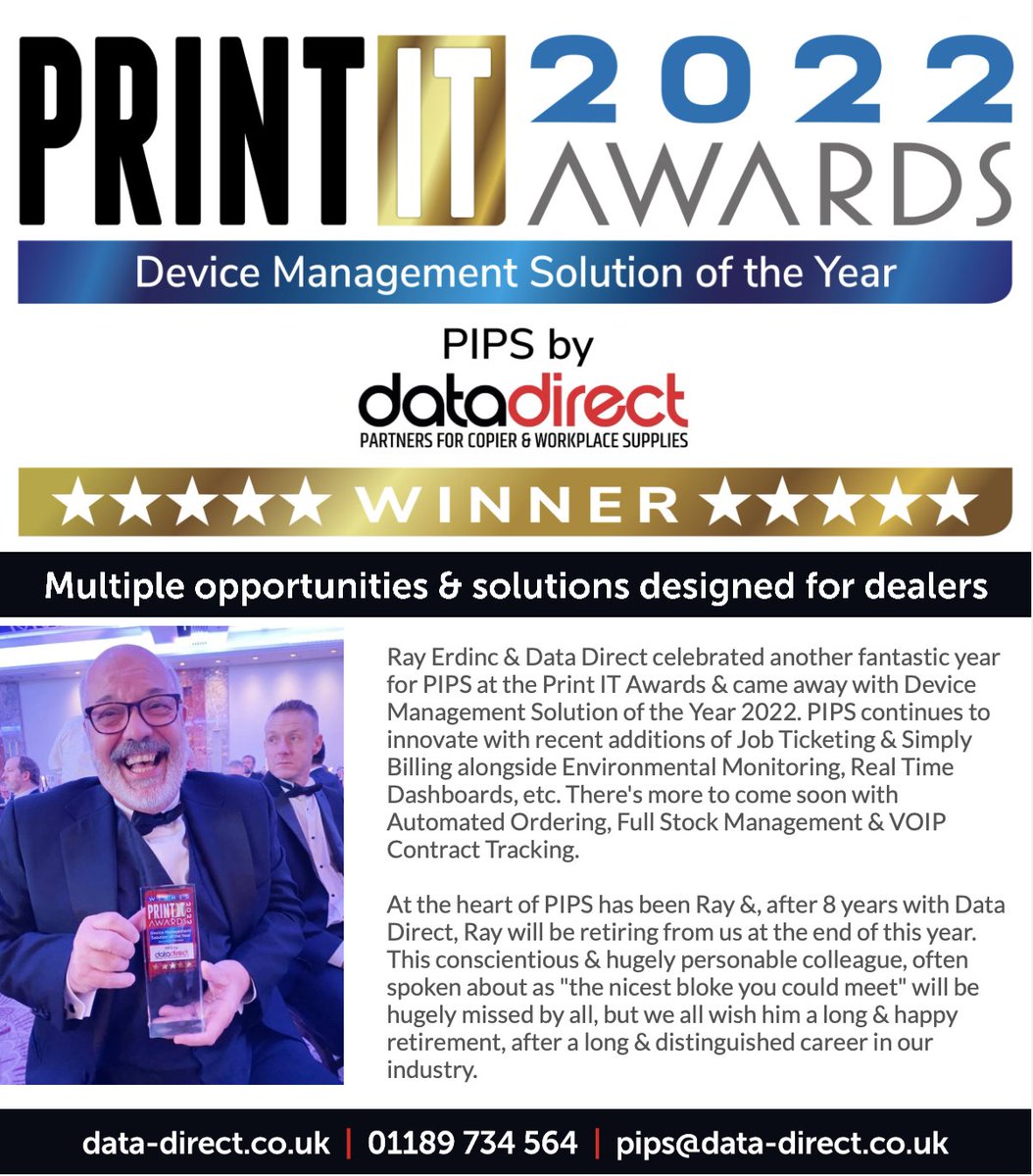 Ray Erdinc &amp; Data Direct celebrated another fantastic year for PIPS <a href="/PrintITReseller/">PRINT.IT Reseller</a> Awards with Device Management Solution of the Year 2022:
data-direct.co.uk/partner-progra…
#datadirect #pips #devicemanagement #awards2022