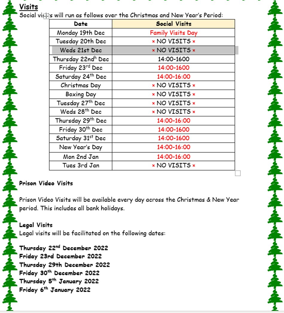 Please see below the Visits Booking timetable for the Christmas and New Year Period.