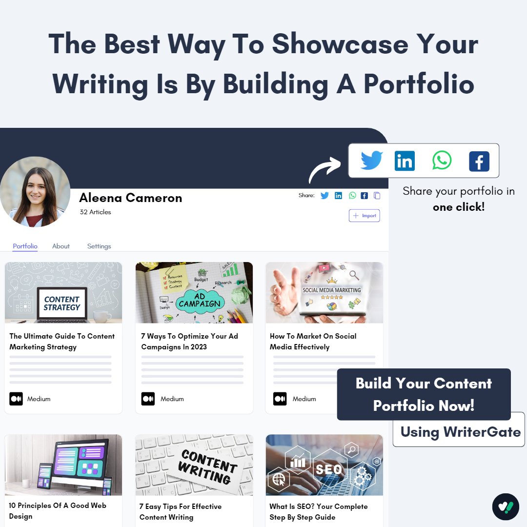 As a writer, it’s important to have a solid content portfolio to showcase your talent.

With WriterGate, you can create and maintain an impressive portfolio and you can promote your work to potential employers in just a few clicks!

Find out more: bit.ly/3hyRxFV