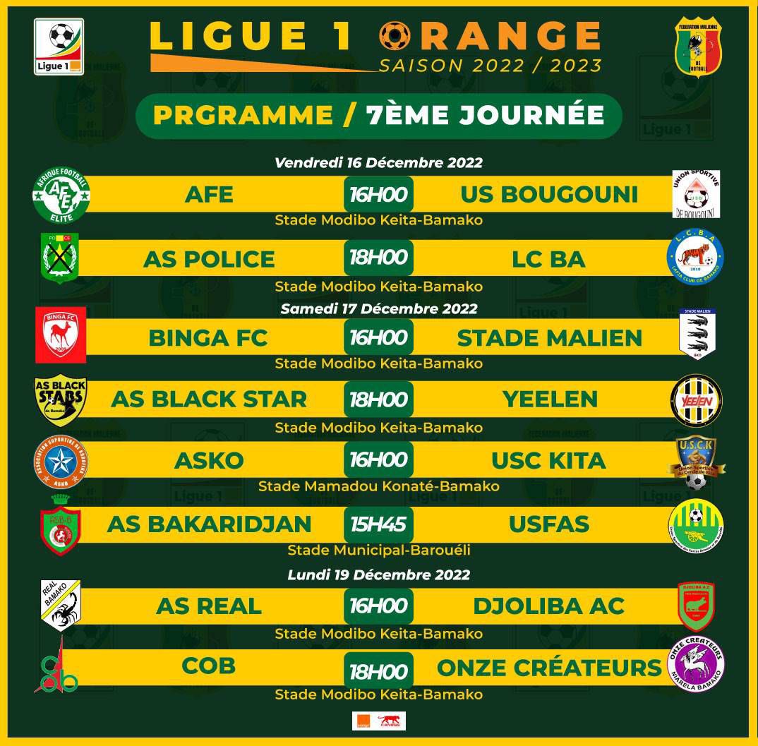 femafoot's tweet photo. #Ligue1Orange
Voici le programme de la 7ème journée qui démarre cet après-midi avec les rencontres #AFE vs #US_Bougouni et #AS_Police vs #LCBA au Stade Modibo Keita. https://t.co/CsA5mssPyw