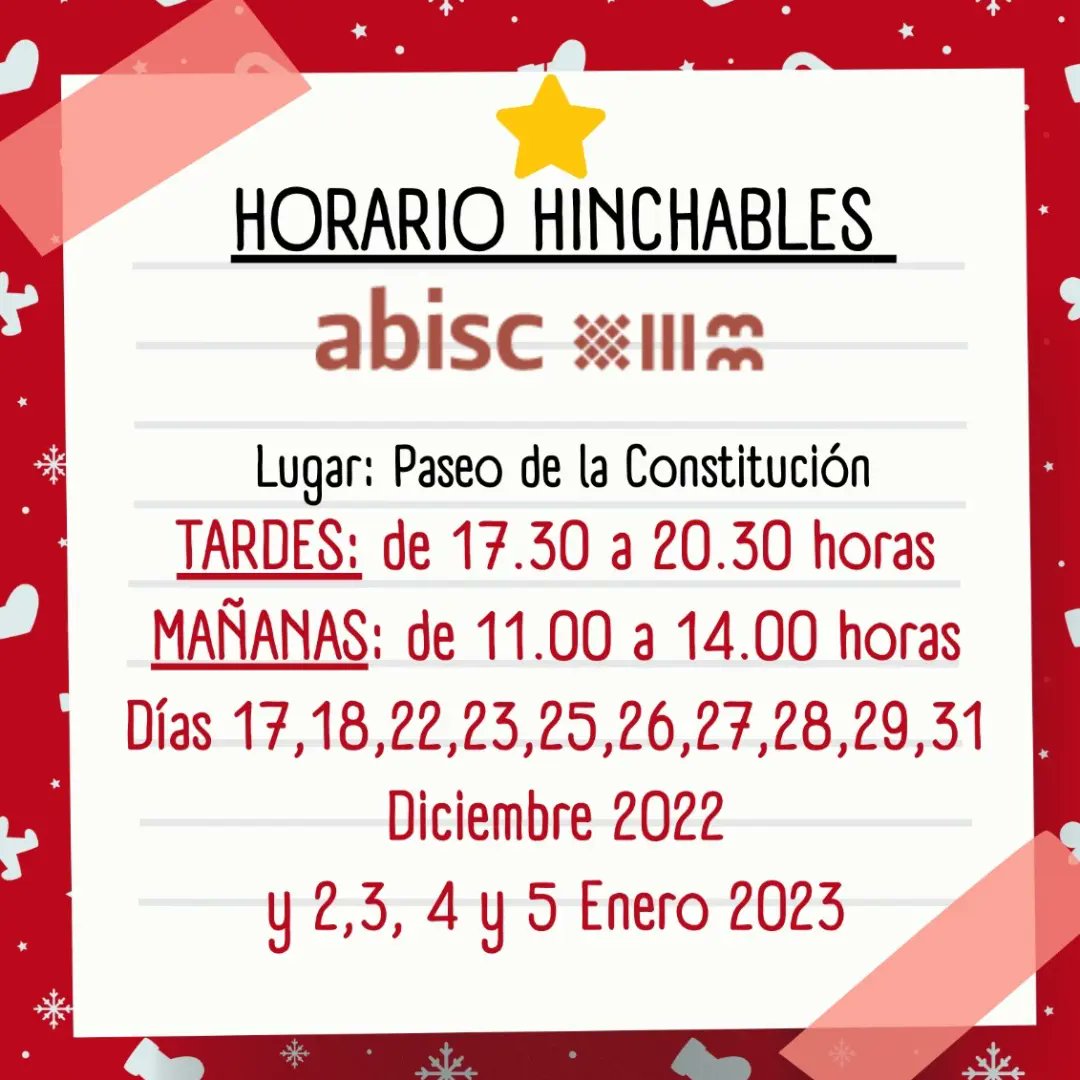 Mañana sábado por la tarde, si la climatologia lo permite,  podrás disfrutar de los #hinchables de ABISC en el Paseo, aquí tienes el calendario 📅 para esta #NavidadBaeza