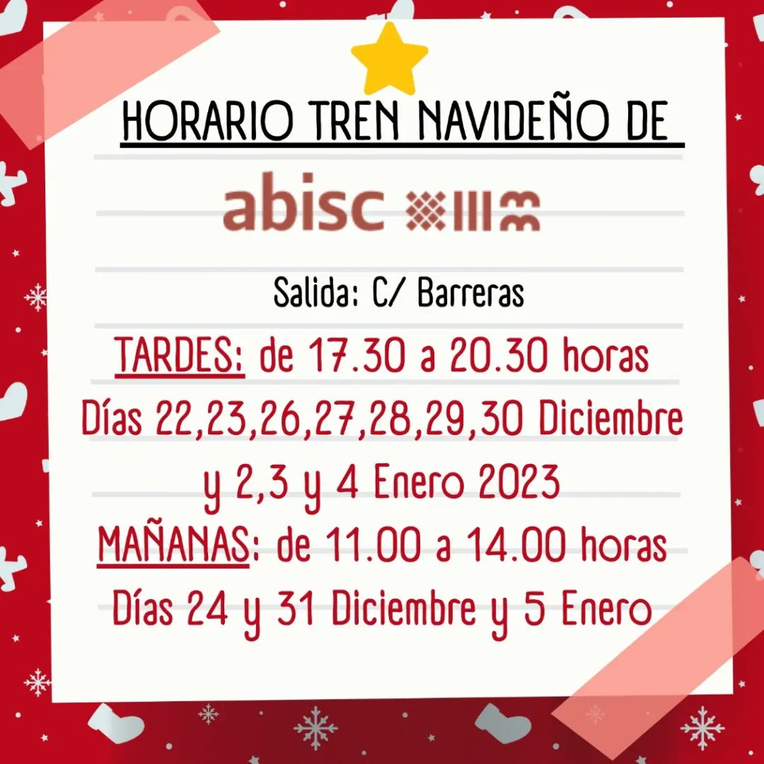El tren navideño de ABISC vuelve esta #Navidad, búscalo en la parada frente a Caixa, C/Barreras a partir del jueves 22 de diciembre por la tarde. Consigue tu papeleta en el comercio local por tus compras, sino puedes adquirir tu ticket en la parada. Te dejamos el calendario: