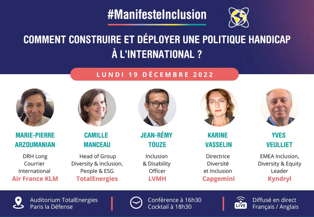 ManifesteInclu1's tweet photo. RENDEZ-VOUS LUNDI pour notre conférence hybride "Comment construire et déployer une politique #handicap à l #international ?" avec @airfrance @capgeminifrance @Kyndryl @LVMH @TotalEnergies
Au plaisir de vous retrouver !
#manifesteinclusion #inclusion https://t.co/DRb0eEWEhn