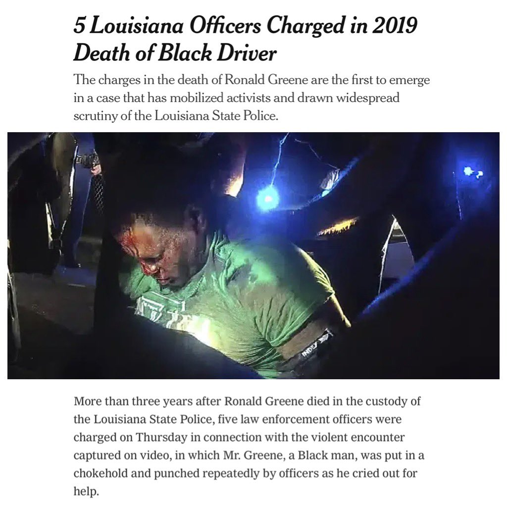 TalbertSwan's tweet image. In 2019 police murdered Ronald Greene outside Monroe, LA.

Police, the coroner, and Governor @JohnBelEdwards covered it up and said he died in a car crash.

They lied.

State police’s force instructor called it “torture and murder.”

It took 3 1/2 yrs to charge his murderers.