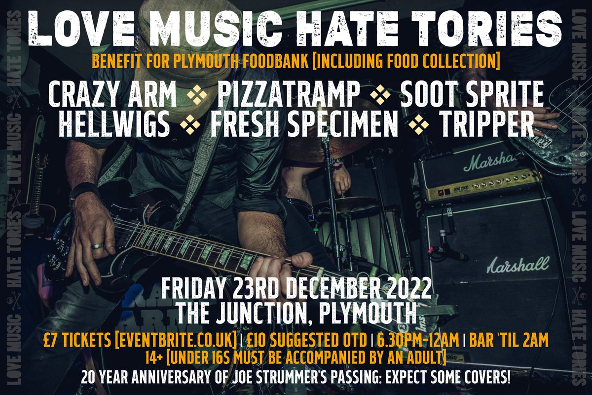 One week 'til our <a href="/FoodbankPly/">Plymouth Foodbank</a> benefit show at Plymouth Junction with <a href="/PizzaTrampUK/">PizzaTramp</a>, <a href="/soootsprite/">Soot Sprite</a>, Hellwigs, Fresh Specimen and Tripper. It's a Yuletide yellfest extraordinaire! 🖤

Tickets: eventbrite.co.uk/e/love-music-h…
Or £10 on the door (no-one turned away due to lack of funds)