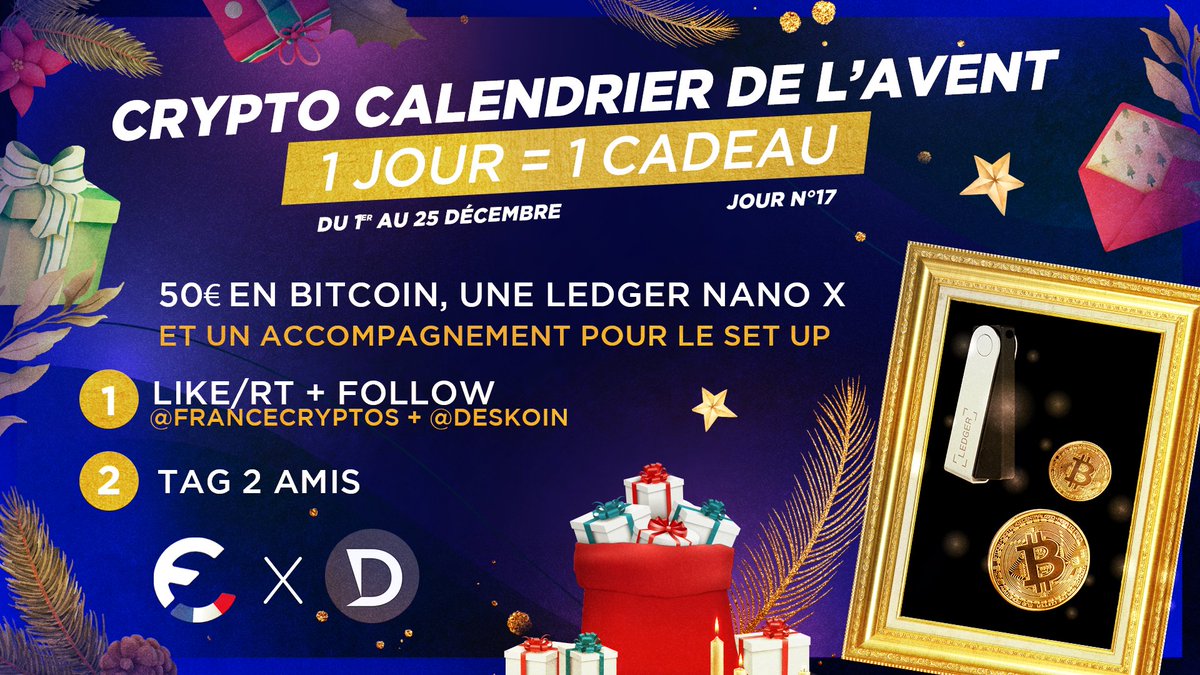 FranceCryptos's tweet photo. #CRYPTOCALENDRIER 🎄 17/25

Aujourd'hui gagnez un pack :
- #LedgerNanoX
- 50€ en #Bitcoin
- Un accompagnement !

Pour participer :
👉 Follow @FranceCryptos &amp; @Deskoin
👉 Likez &amp; Retweetez
👉 @ 2 amis ! 

⏳ TAS le 26/12 !

Bonne chance à tous ! 🍀
#Concours #Noël 🎁 https://t.co/Xmo0jnOmDk
