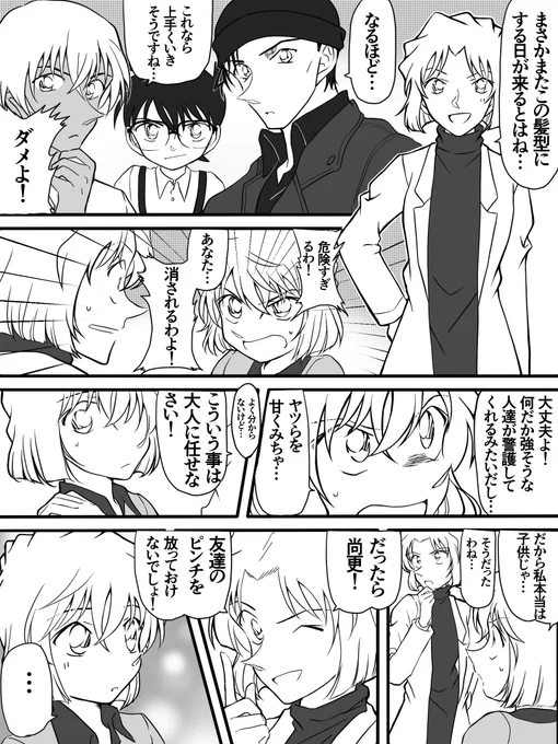 哀ちゃんの正体や経緯を知った園子が
黒ずくめの組織に拐われた博士を助けるために宮野志保に変装して組織と会う話(早口) 