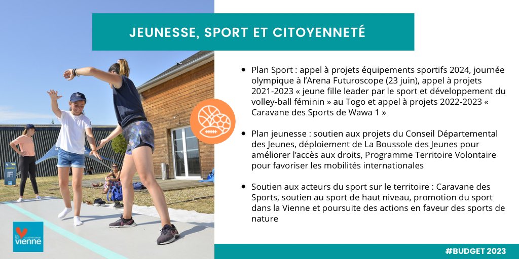 departement86's tweet photo. #BP2023 | 1,9M€ consacrés à la #jeunesse, au #sport et à la #citoyenneté
▶ Plan Sport 2024 #TerredeJeux2024
▶ Soutien à tous les acteurs du sport
▶ Soutien aux actions du Conseil Départemental des Jeunes #CDJ86 https://t.co/rebQdkCiU1