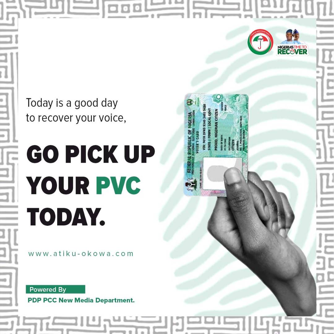 OndoForAtiku's tweet photo. Don't wait till it is too late, pick your PVC today!

#RecoverNigeria
#RecoverNigeriaWithAtiku
#AtikuOkowa2023
#OndoForAtiku https://t.co/EOdzUcrHyz