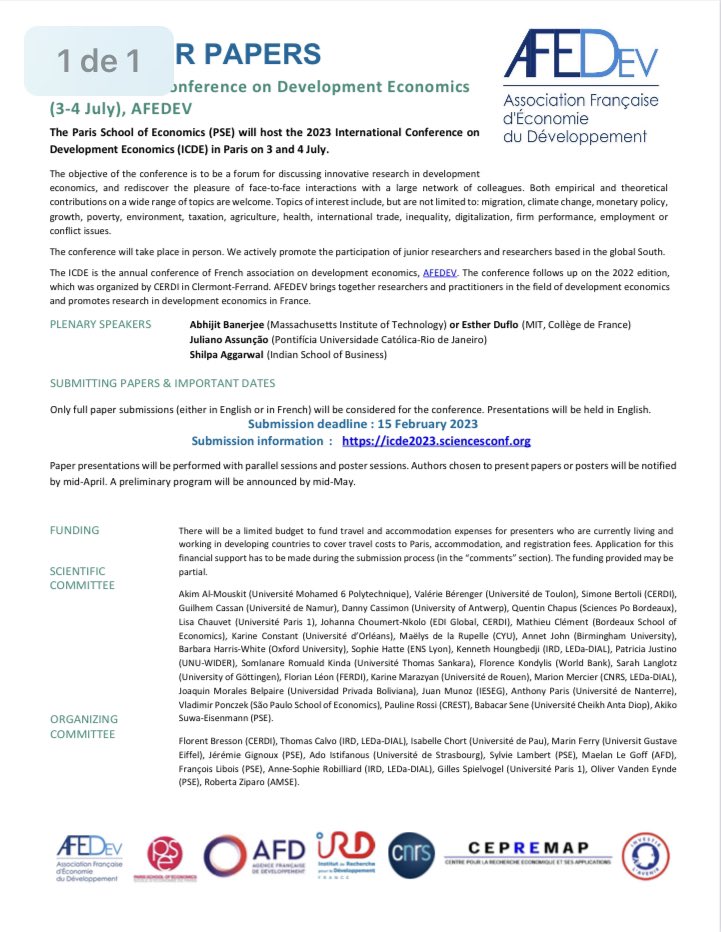 CalvoTh's tweet photo. It is on! Next @AFEDEV_asso conference will be held at @PSEinfo next July, submissions are open until 15 February 2023 (here: https://t.co/vCapQBFFU1). 
Plenary speakers: S. Aggarwal (@ISBedu), J. Assunção (@PUCRioEconomia) and A. Banerjee or E. Duflo (@MIT)! https://t.co/fyaJSiFYX4