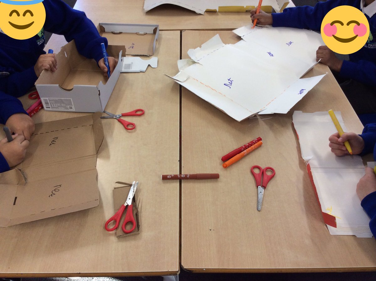 Elm Class are applying their knowledge of nets, tabs, continuous and dotted lines to manufactured boxes. #NoelPark #Elmclass#DT