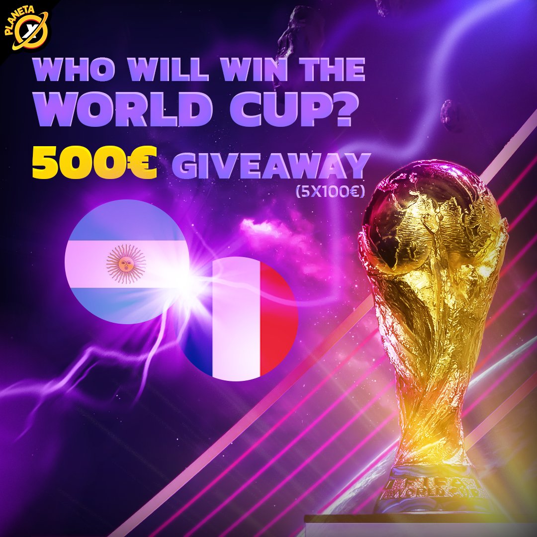 500€ 💶 #Giveaway - Guess the winner of the #FIFAWorldCup 

🇦🇷 VS 🇫🇷

We will be raffling 5x100€ 💶

5 winners will be chosen randomly 🏆

To enter:
RT + Follow + Tag 3 friends ✅
Comment the winner (only 1 answer before the kick-off) ✅