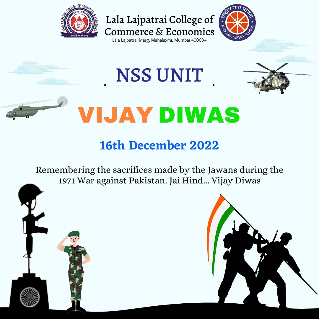 NSS UNIT of Lala College (@nss_llrc) on Twitter photo Let us salute all our soldiers who are brave and protect us throughout the day and night. Let us remember their fights and toil on this day. Vijay Diwas ๐ง๐ปโโ๏ธ
<a href="/ConnectingNss/">CONNECTING NSS</a>
<a href="/_NSSIndia/">NSS India</a>
<a href="/adgpi/">ADG PI - INDIAN ARMY</a>
<a href="/nss_uom/">NSS_University of Mumbai</a>
<a href="/AmritMahotsav/">Amrit Mahotsav</a>
<a href="/nss_llrc/">NSS UNIT of Lala College</a> Let us salute all our soldiers who are brave and protect us throughout the day and night. Let us remember their fights and toil on this day. Vijay Diwas ๐ง๐ปโโ๏ธ
<a href="/ConnectingNss/">CONNECTING NSS</a>
<a href="/_NSSIndia/">NSS India</a>
<a href="/adgpi/">ADG PI - INDIAN ARMY</a>
<a href="/nss_uom/">NSS_University of Mumbai</a>
<a href="/AmritMahotsav/">Amrit Mahotsav</a>
<a href="/nss_llrc/">NSS UNIT of Lala College</a>