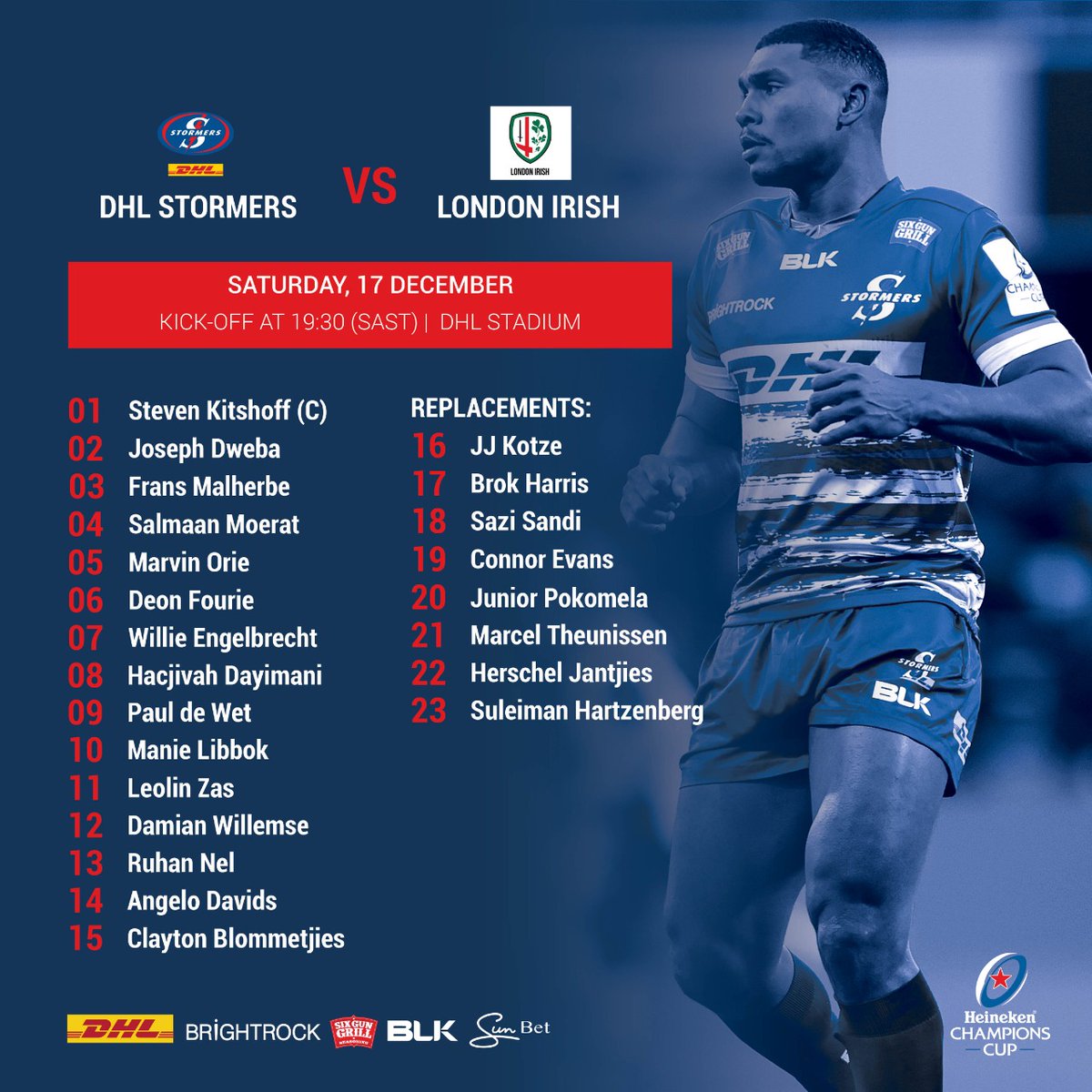 THESTORMERS's tweet photo. 5⃣ changes to starting line-up
5⃣0⃣ up for Herschel Jantjies
☝️ first @ChampionsCup home game

📢 Full team announcement https://t.co/0EG7gnrbU8
🎟️ Tickets here https://t.co/nJmAfYojsp

#STOvLIR #iamastormer #dhldelivers #HeinekenChampionsCup https://t.co/xnSul2pX92