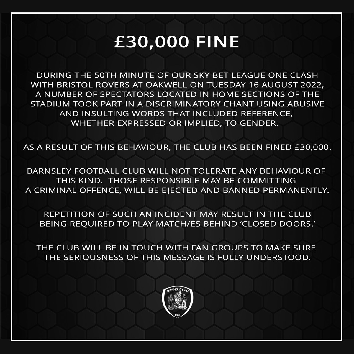 BarnsleyFC's tweet photo. ✖️ Discrimination is abuse, potentially criminal and Barnsley Football Club will not tolerate this behaviour. https://t.co/HuKA4Kdn69