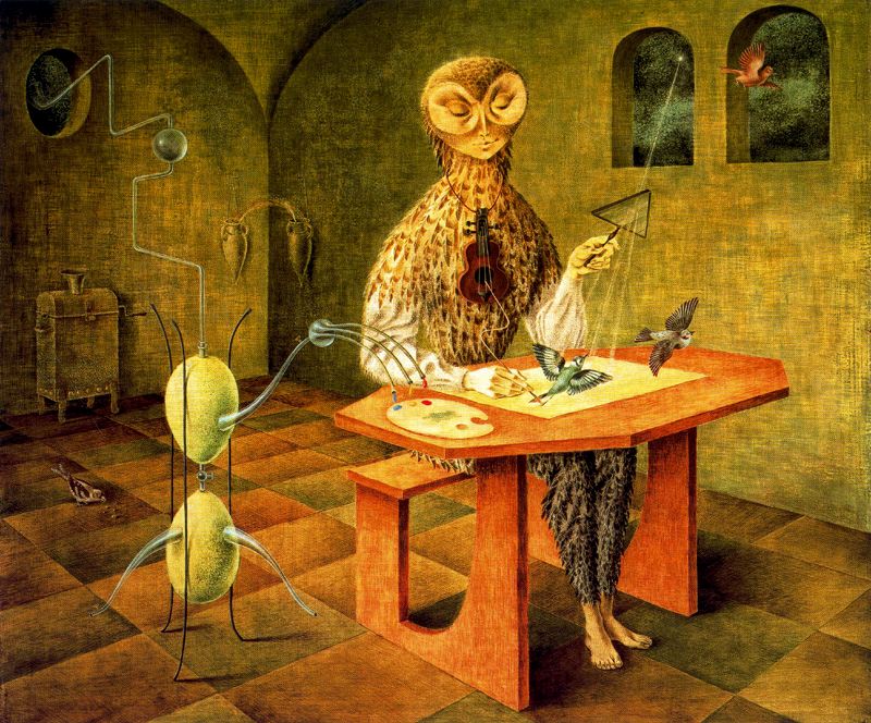 aUXpilgrim's tweet photo. Remedios Varo, one of my favorite surrealist painters. Born on December 16, 1908, in Spain. She was practicing Surrealist Automatism - several artists work together to create unexpected subjects with smoke or wax on paper or canvas. https://t.co/mvDBhOgO05