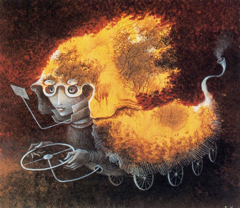 aUXpilgrim's tweet photo. Remedios Varo, one of my favorite surrealist painters. Born on December 16, 1908, in Spain. She was practicing Surrealist Automatism - several artists work together to create unexpected subjects with smoke or wax on paper or canvas. https://t.co/mvDBhOgO05