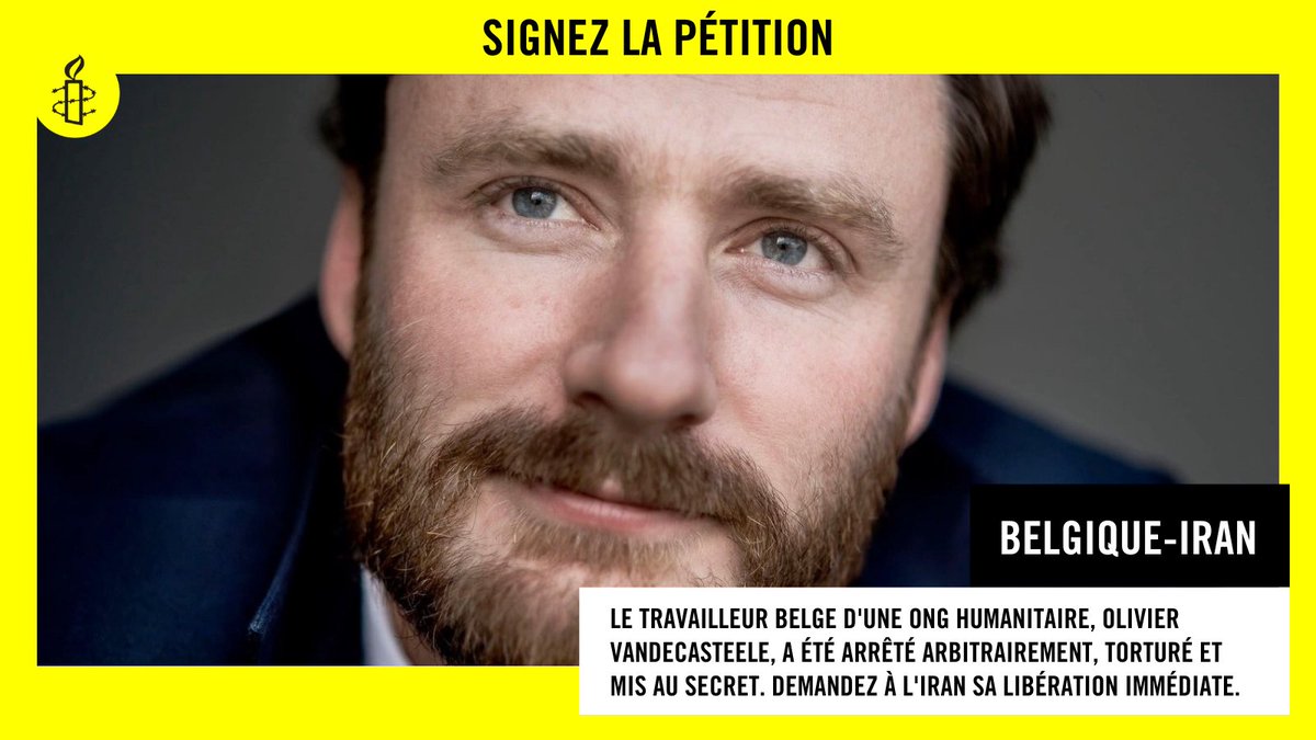 amnestybe's tweet photo. Pétition pour la libération d'Olivier Vandecasteele

En voyage en #Iran , ce citoyen belge a été arrêté arbitrairement, emprisonné &amp; torturé

Demandez à @IranmissionEU
👉sa localisation
👉sa libération immédiate

Signez/Partagez🤜 https://t.co/xaB3sYo23E
#freeoliviervandecasteele https://t.co/DyJk0gyzuO