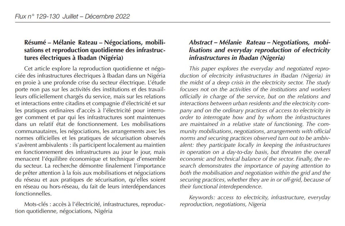 RateauMelanie's tweet photo. I am pleased to announce that my article "Negotiations, mobilisations and everyday reproduction of electricity infrastructures in Ibadan (Nigeria)" is now published !
https://t.co/wZCqVIblqk https://t.co/stLm2coh0l