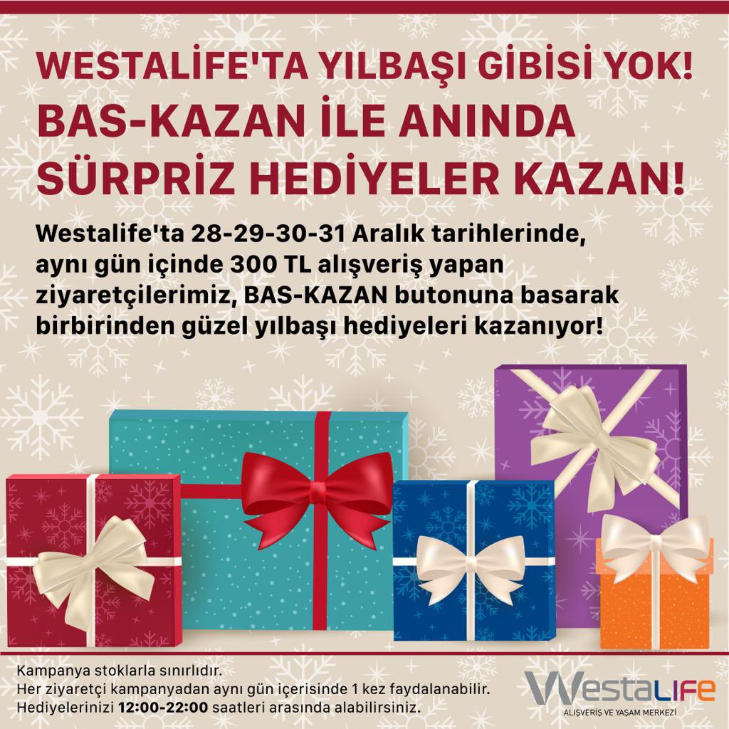 Westalife’ta yılbaşı gibisi yok!🎊🎁
Bas-Kazan ile anında sürpriz hediyeler kazan!
28-29-30-31 Aralık tarihlerinde,aynı gün içinde 300 TL alışveriş yapab ziyaretçilerimiz Bas-Kazan butonuna basarak birbirinden güzel yılbaşı hediyeleri kazanıyor!
#westalifeavm #kampanya #yılbaşı