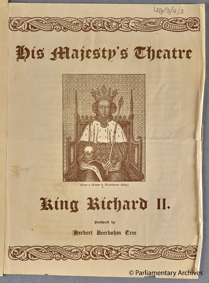 Another month, another random Friday. Take to the stage with this theatre programme from 1903 for a performance of Shakespeare’s Richard II at His Majesty's Theatre. #TowerRandom

Find out more about theatre records in the archive on our blog ow.ly/gTss50M5ovA