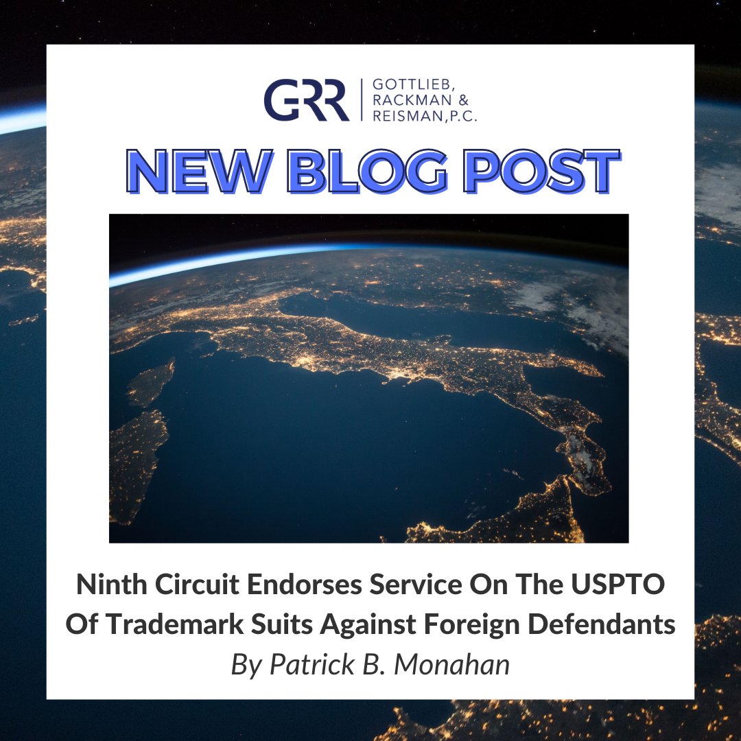Check out our newest blog post by Patrick Monahan, "Ninth Circuit Endorses Service On The USPTO Of Trademark Suits Against Foreign Defendants." 

Click here for the full article: grr.com/publications/n…