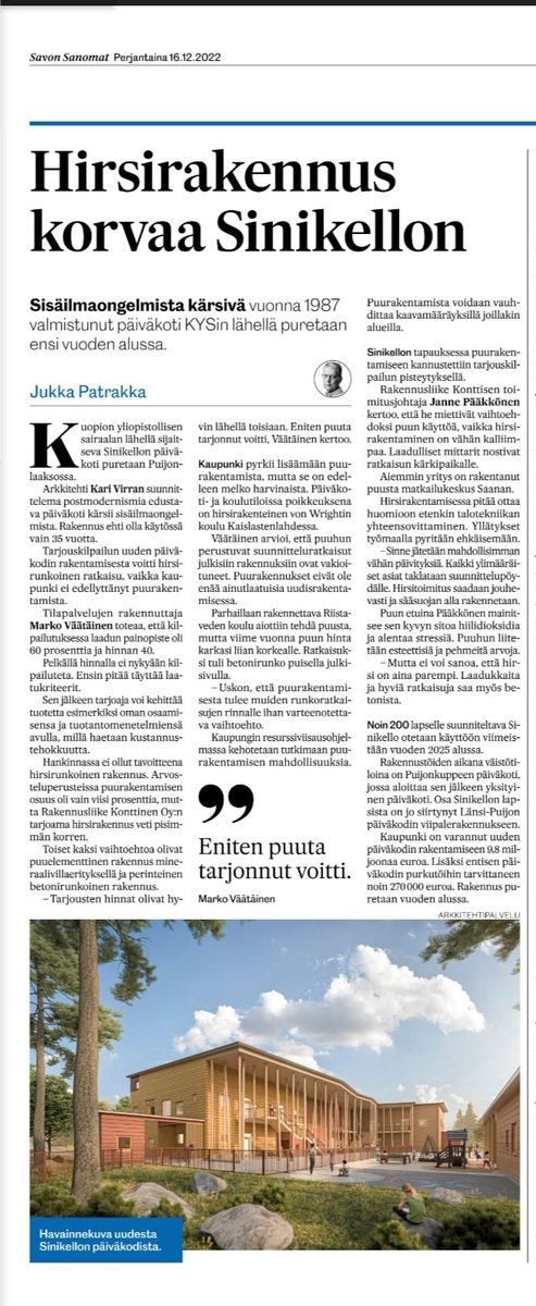 Hyviä hirsiuutisia Kuopiosta! Sinikellon päiväkoti korvataan uudella hirsirakenteisella rakennuksella. Puurakentamista ei edellytetty -tämä on oiva osoitus siitä, että hirsi on myös kustannustehokas vaihto rakentamiseen. #hirsirakentaminen #puurakentaminen #puinenpäiväkoti