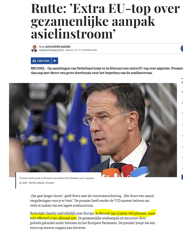 Mirjam152's tweet photo. Rutte legt de bal - zoals verwacht - bij de EU #asielinstroom. Dus verandert er niets, want de EU kan en wil niks. Maar Rutte kan dan wel zeggen: 'ik heb er alles aan gedaan'. #EUistheproblem https://t.co/3nvInntQLE