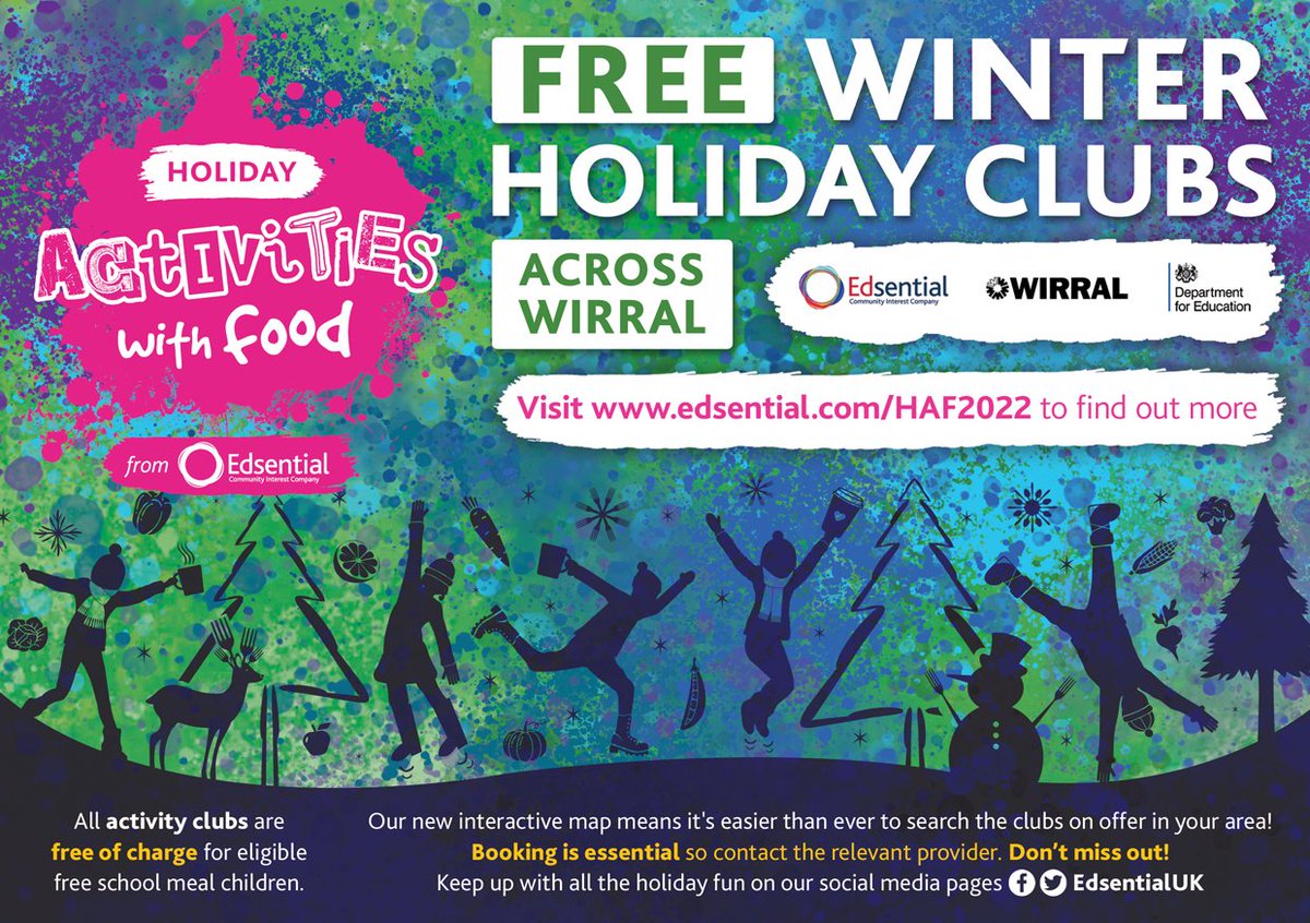 EdsentialUK's tweet photo. ❄️ FREE winter holiday activity clubs across @WirralCouncil! ❄️

#HAF2022 is back this winter with a whole host of FREE activity clubs for young people aged 5-16 years old! ☃️

Find out more and how to book here:
https://t.co/TZ0yxrw5ai

Funded by @educationgovuk https://t.co/c3DGkeu9k6