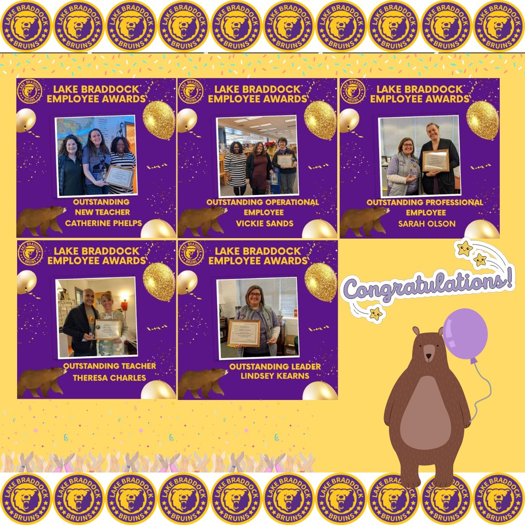 #BruinNation is proud to announce our Outstanding Employee award winners:
Outstanding New Teacher:Catherine Phelps
Outstanding Operational :Vickie Sands
Outstanding Professional :Sarah Olson
Outstanding Teacher:Theresa Charles
Outstanding Leader:Lindsey Kearns
<a href="/fcpsnews/">Fairfax Schools 🌟</a>