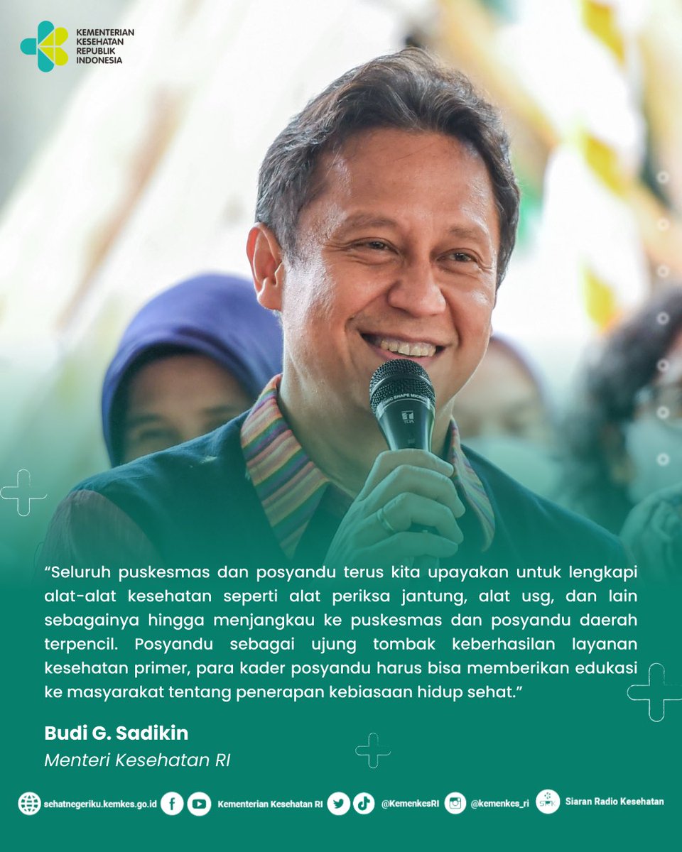 Kementerian Kesehatan RI (@kemenkesri) on Twitter photo Tak hanya itu, <a href="/KemenkesRI/">Kementerian Kesehatan RI</a> turut mendukungnya dengan melengkapi alat kesehatan yang lengkap dan memadai seperti usg, periksa jantung dll
Juga kampanye kesehatan yang fokus pada upaya promotif preventif demi mewujudkan masyarakat yg sehat, produktif & berdaya saing
Salam sehat! Tak hanya itu, <a href="/KemenkesRI/">Kementerian Kesehatan RI</a> turut mendukungnya dengan melengkapi alat kesehatan yang lengkap dan memadai seperti usg, periksa jantung dll
Juga kampanye kesehatan yang fokus pada upaya promotif preventif demi mewujudkan masyarakat yg sehat, produktif & berdaya saing
Salam sehat!