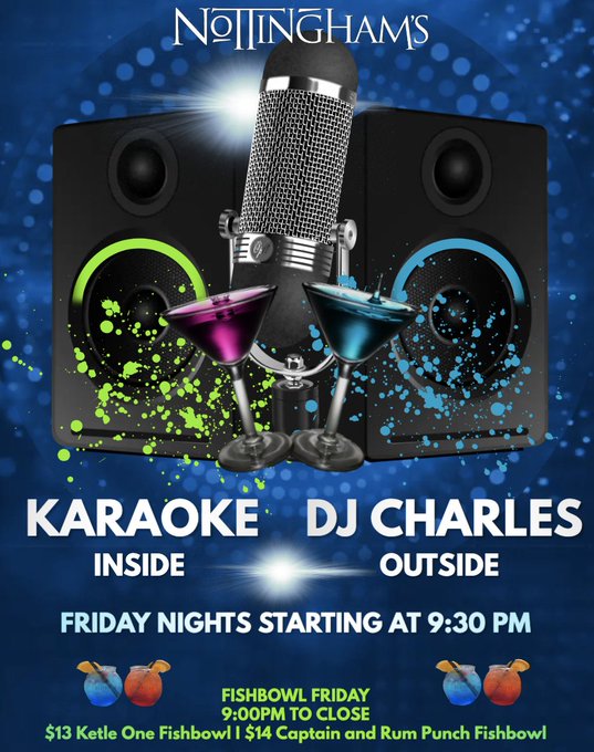 NottinghamsMD's tweet photo. FISHBOWL FRIDAY 
9:00pm – Close
$13 Ketel One Fishbowl I $14 Captain and Rum Punch Fishbowl

COMEDY STARTS AT 9:00PM ($10)

Comedy Tickets via hosts: https://t.co/OGByebcoAo

DJ + Karaoke starting at 9:30pm https://t.co/7y2cyI4258